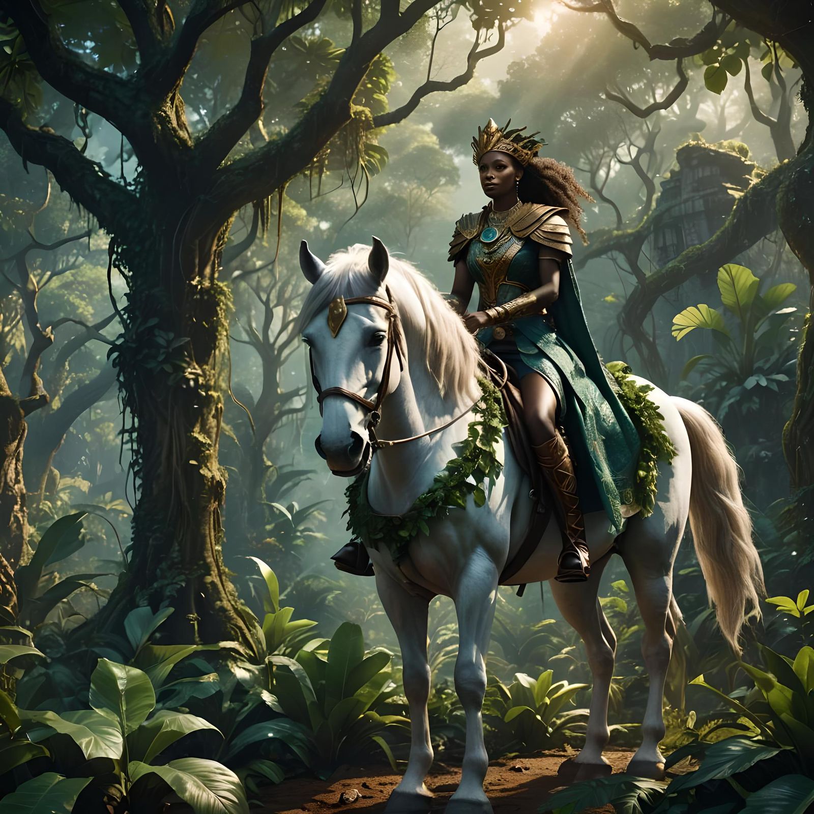 African Queen Rides Horse in Jungle Fantasy Art