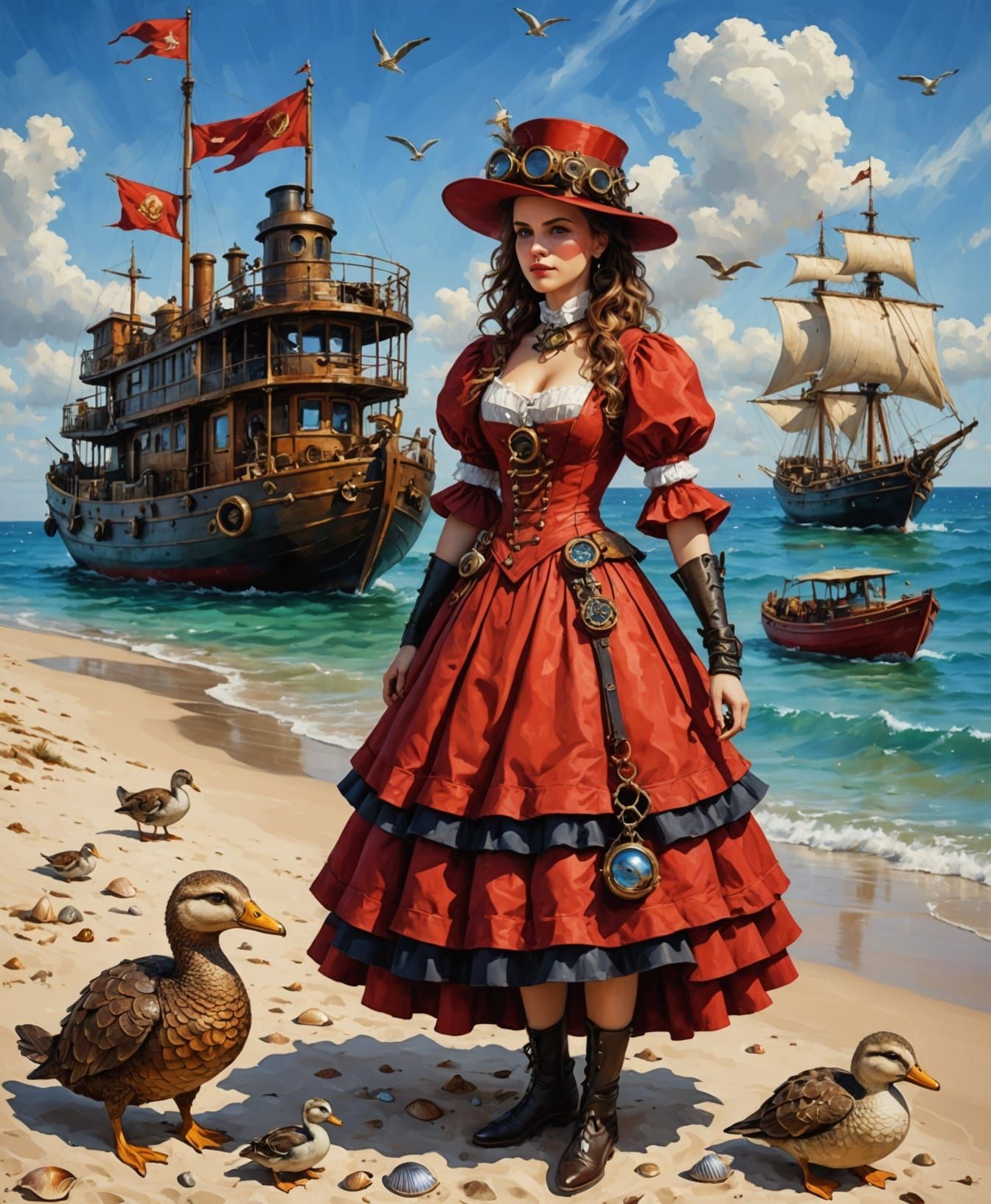 Steampunk Beachside Escapade in Vibrant Oil on Canvas