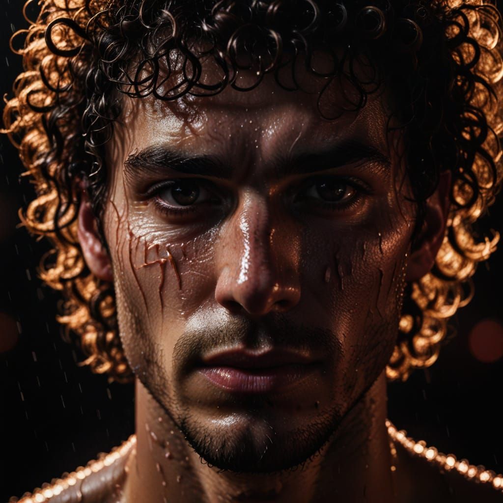 Intense Monochromatic Portrait of a Sweating Man