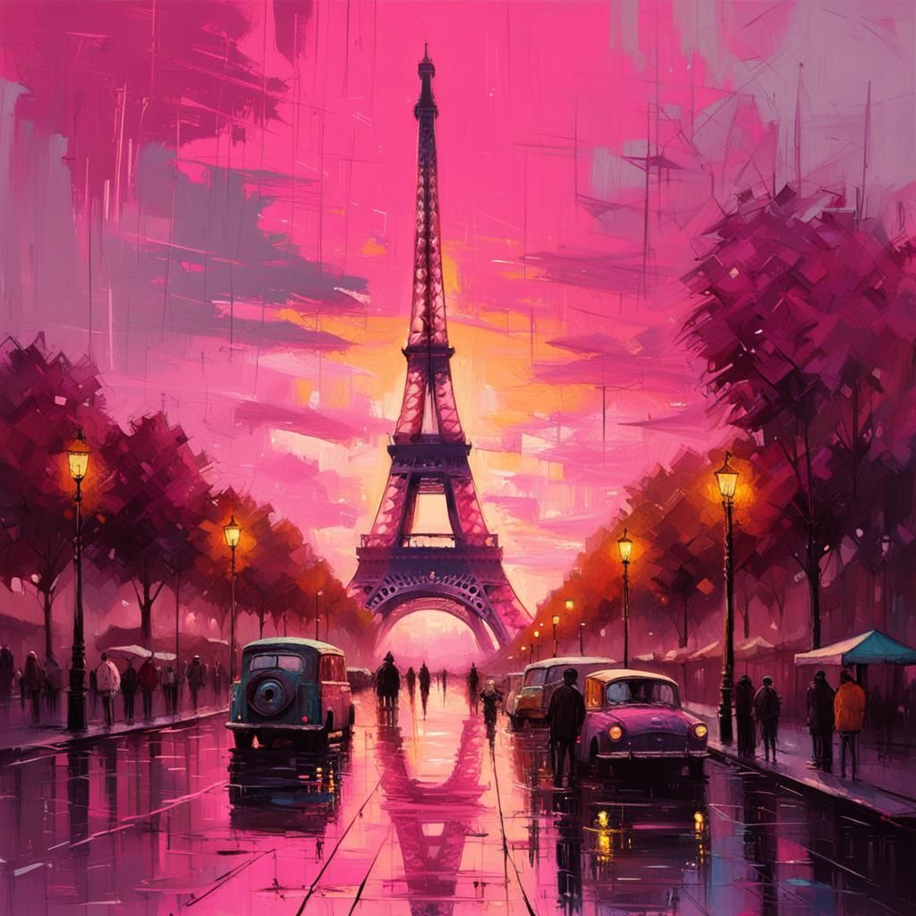 Pink Eiffel Tower Sunset: Detailed Matte Painting