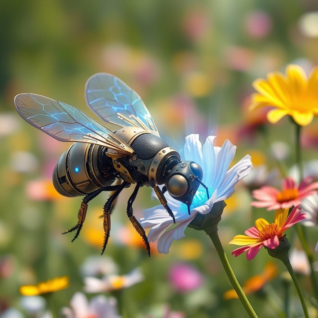 Steampunk Bee Approaches a Glowing Bio-Mechanical Flower