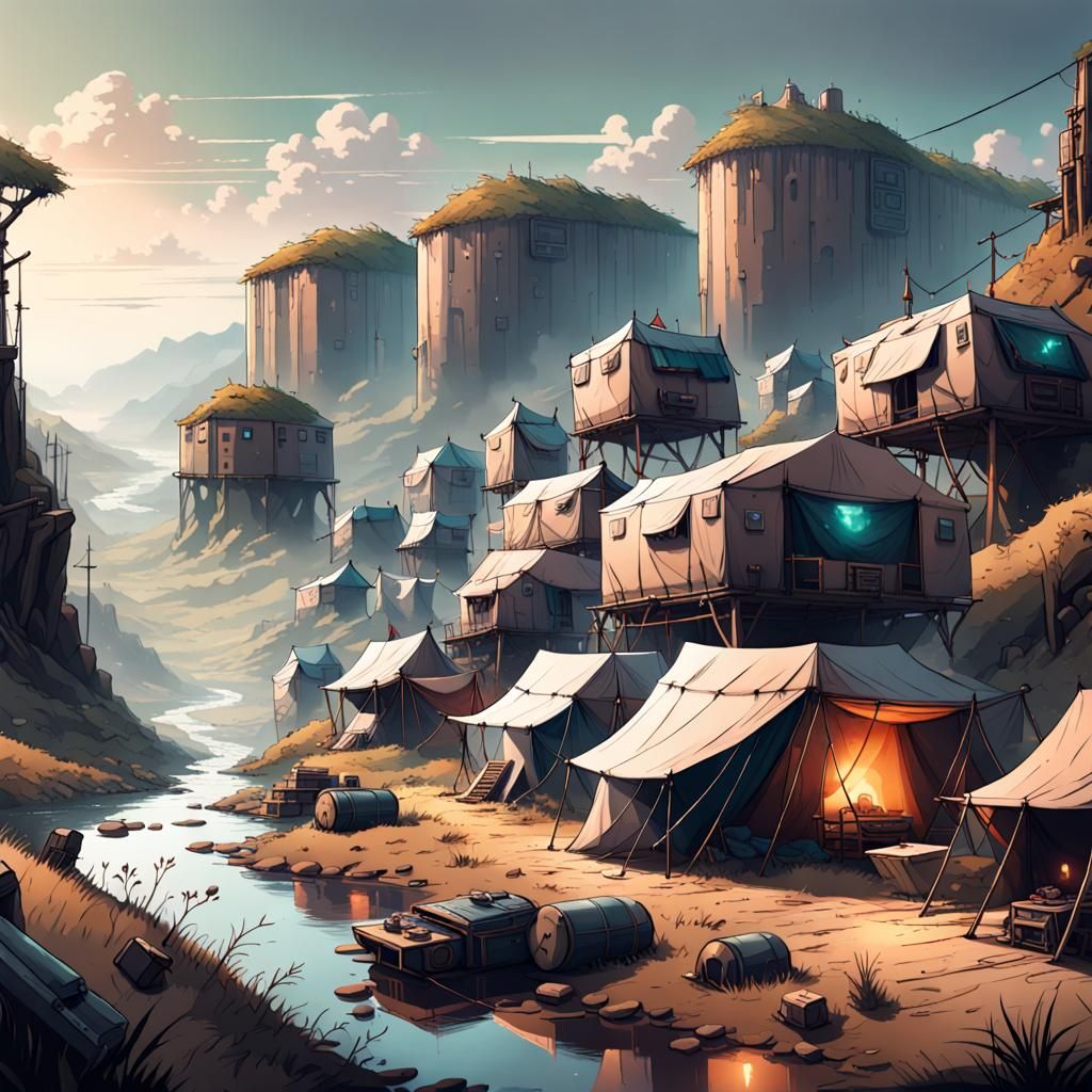 Cyberpunk Nomad Camp by River in Rolling Hills