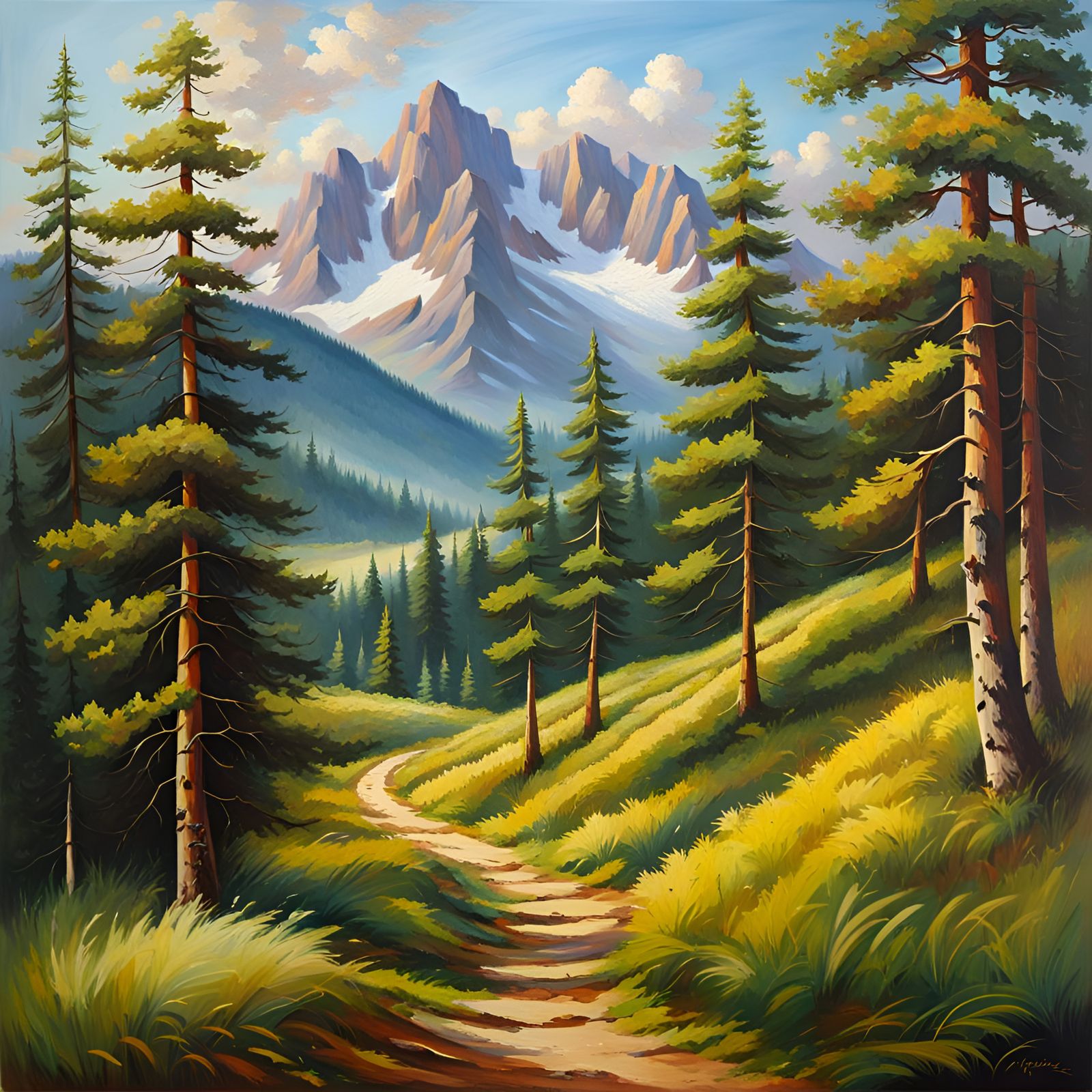 Idyllic Forest Path with Mountain View as Oil Painting