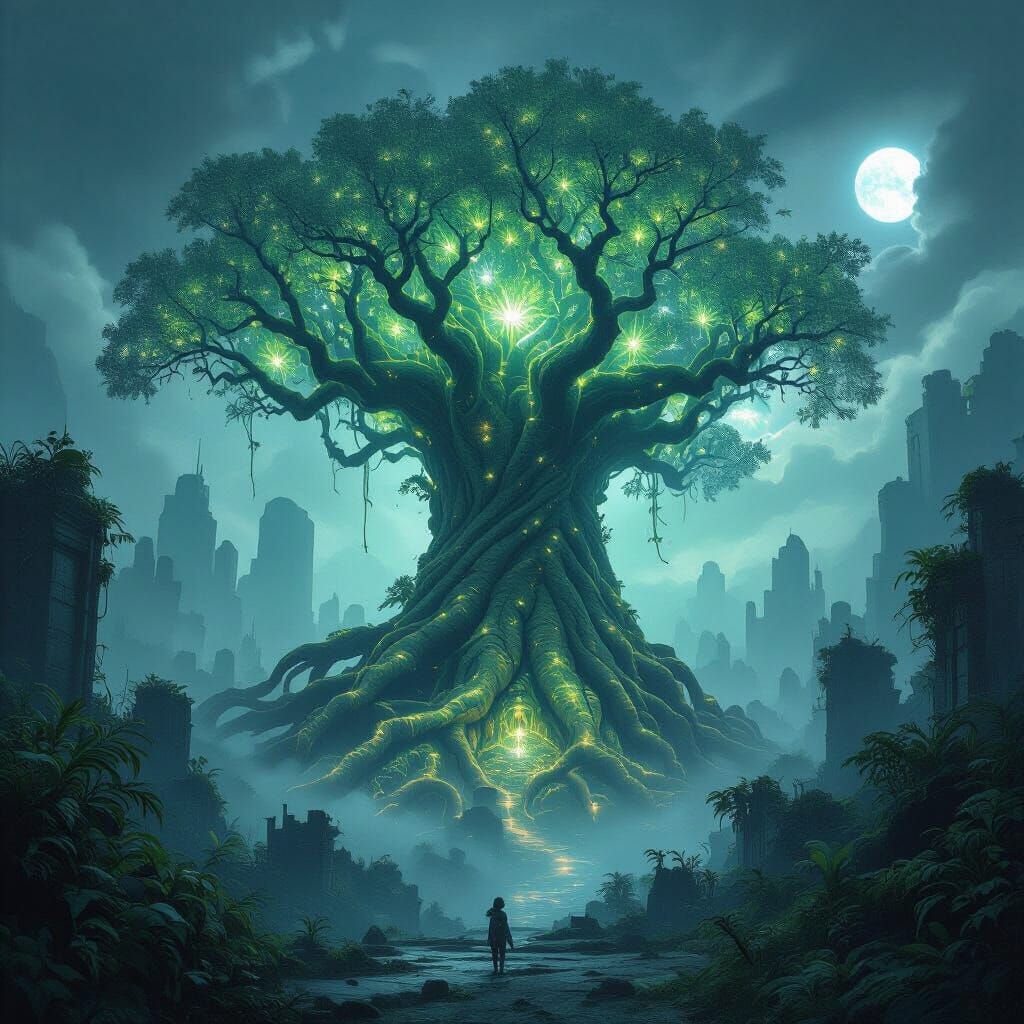Ancient Bioluminescent Tree in Alien Jungle Ruins