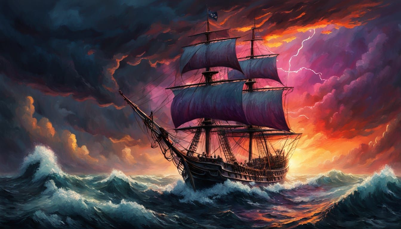 Create an image of a bright pink pirate ship with purple sai...