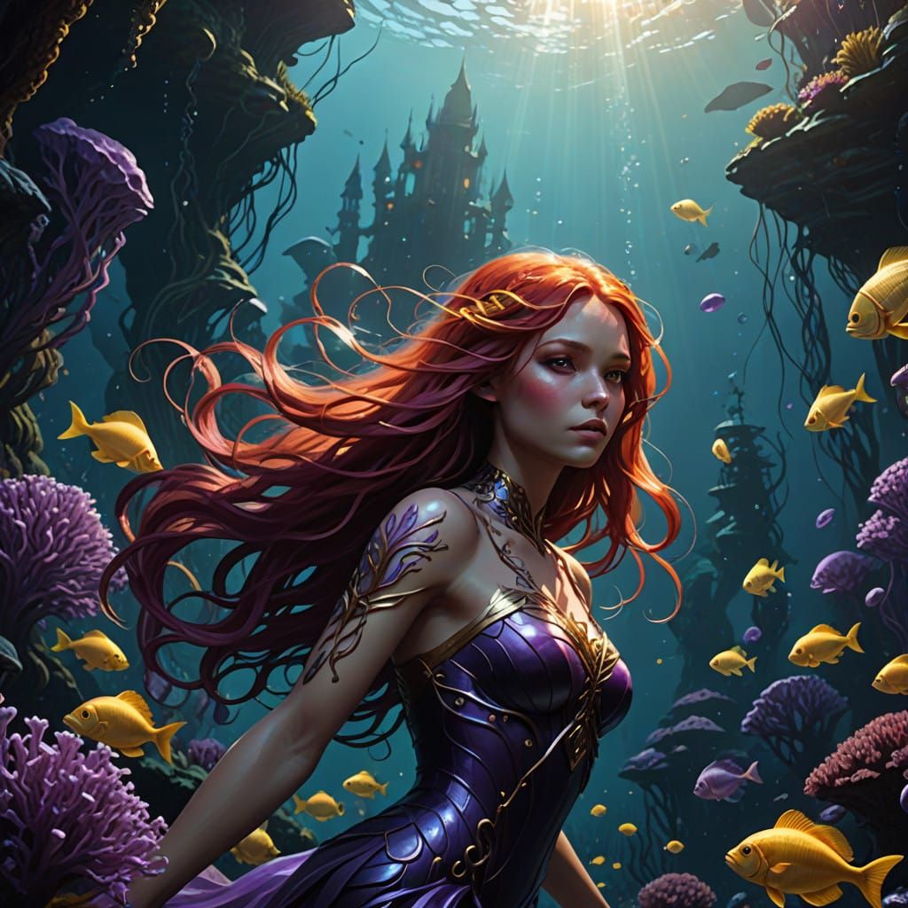 Glowing Redhead Mermaid Monster in Dark Fantasy Art