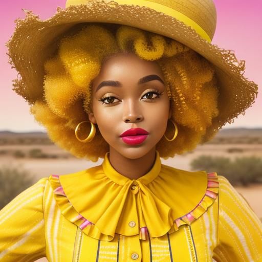 Retro Blonde Woman in Yellow Desert with Pink Lipstick