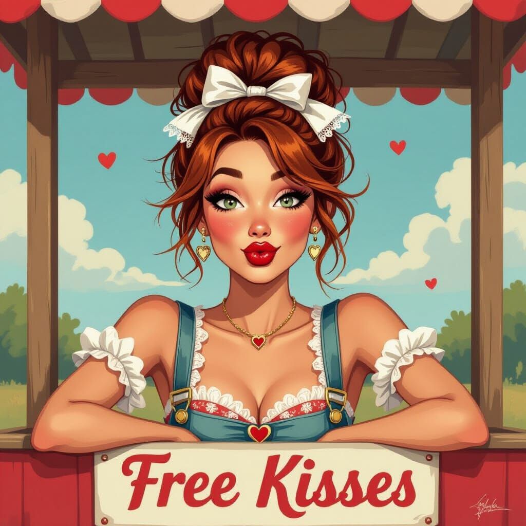 Whimsical Woman at a Kissing Booth in Digital Art