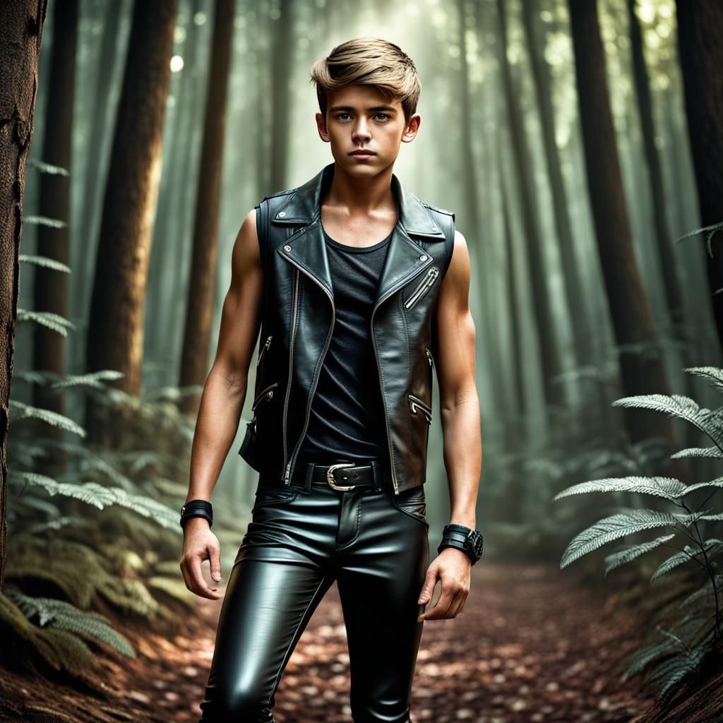 Hyperrealistic Boy in Leather in Dark Forest