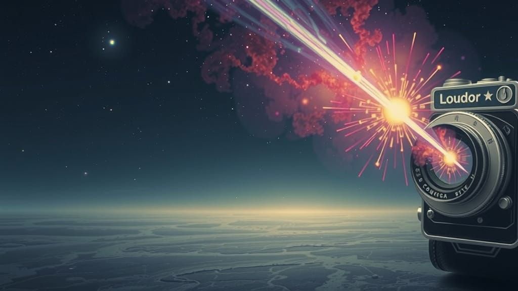 Cosmic Energy Explosion from Vintage Camera on Alien Landsca...