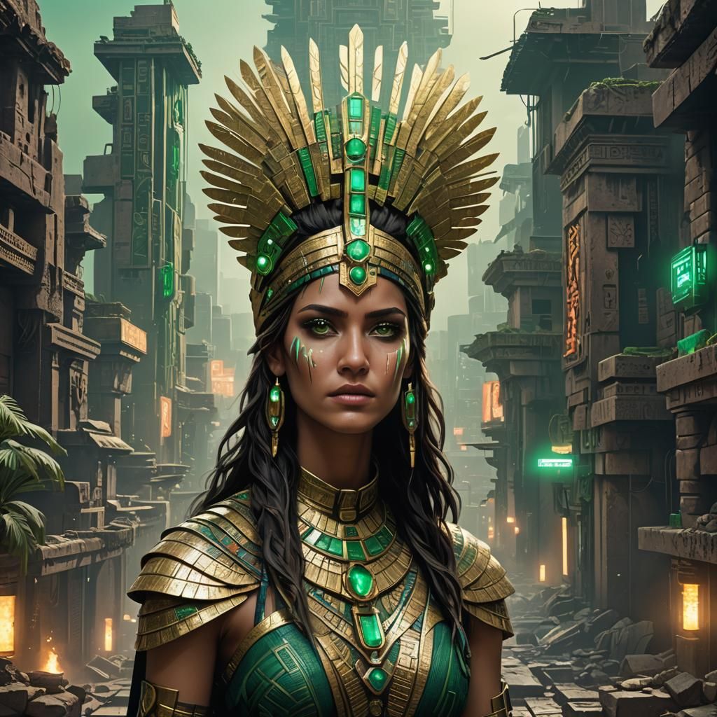 Cyberpunk Temple Priestess with Glowing Eyes