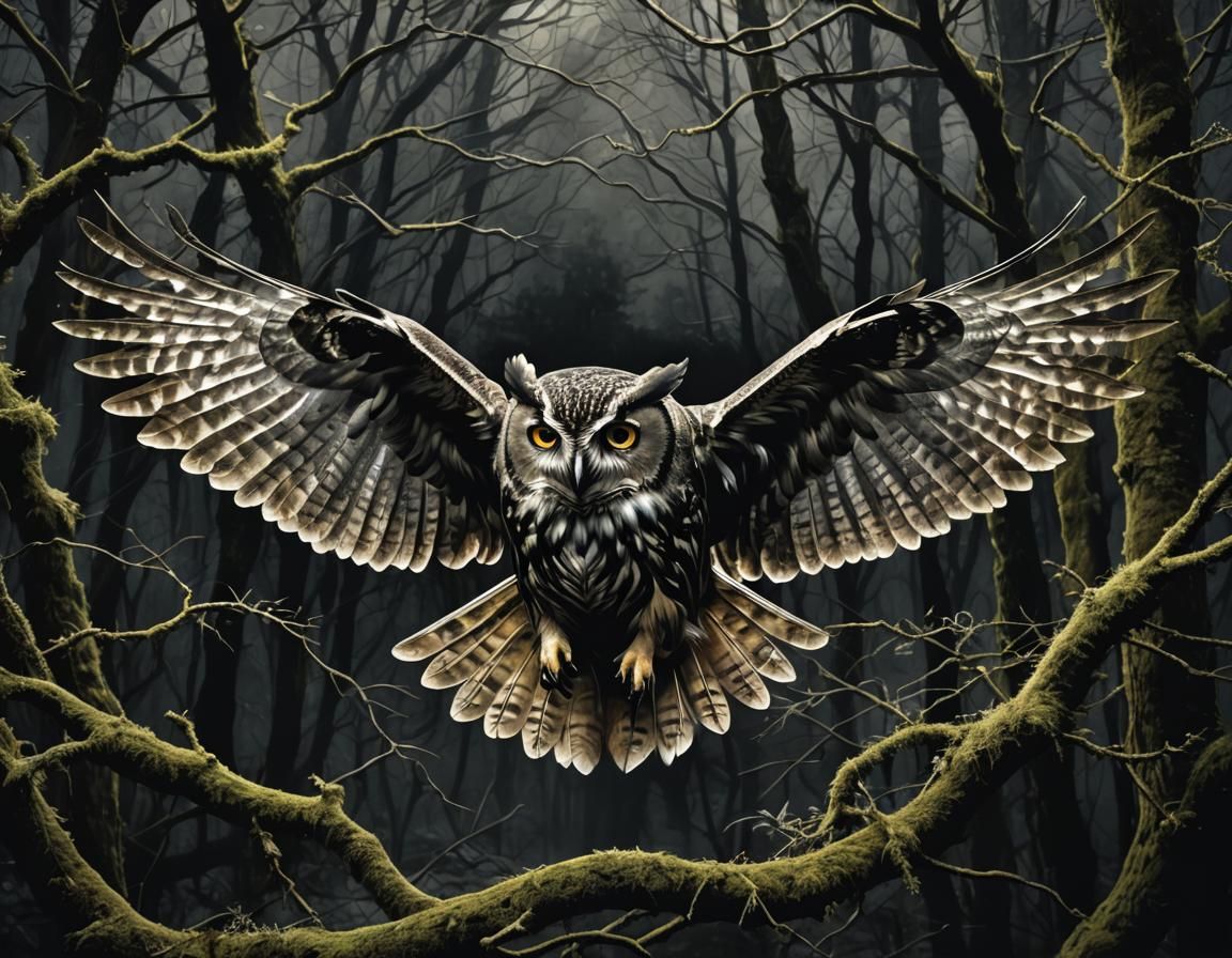 Owl in Flight with Double Exposure Wings