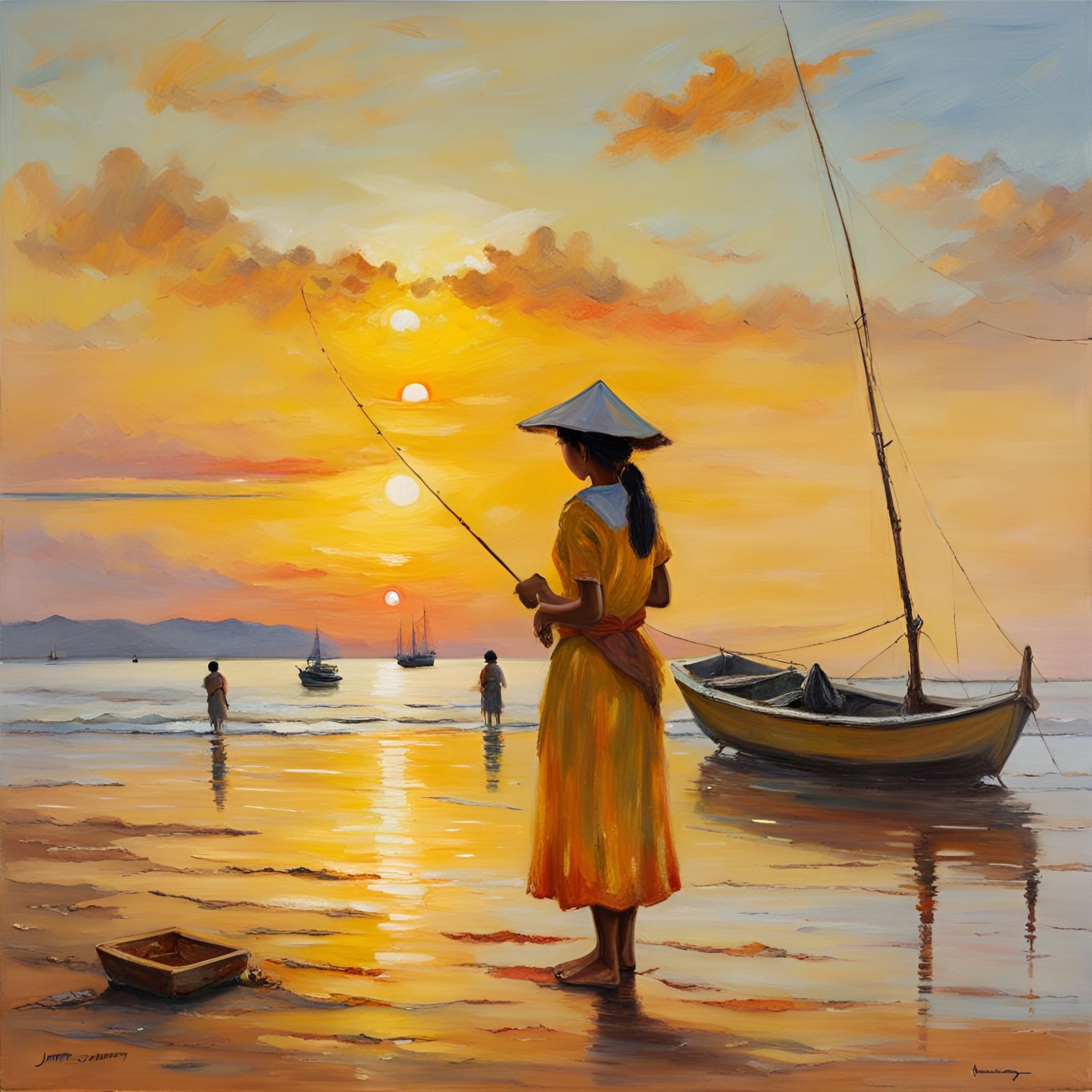 Filipino Fisher Girl at Sunset: Oil Painting