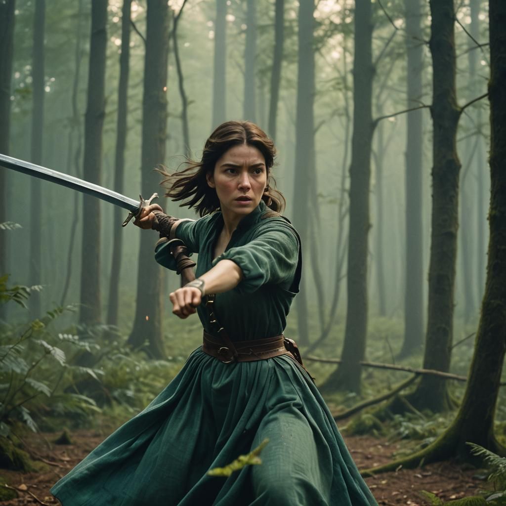 Cinematic Dark Fantasy: Girl Sword Fight in Misty Forest