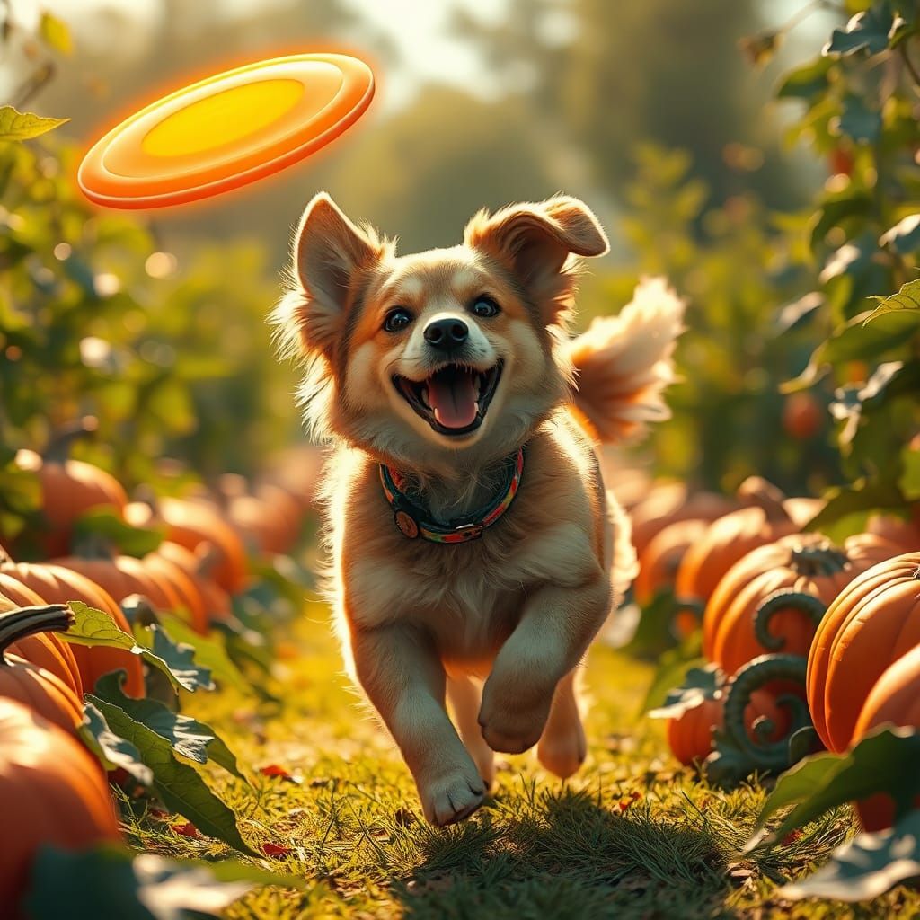 Happy Dog Runs Through Pumpkin Patch