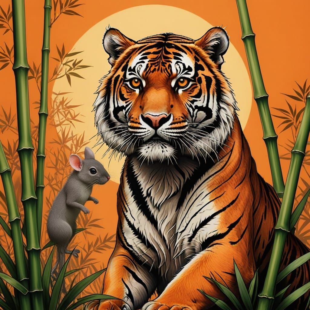 Tattoo orange sun tiger bamboo