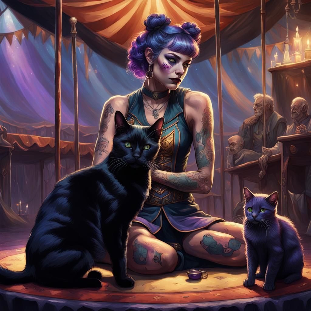 Half-Elf Petting Black Cat: Dark Fantasy Concept Art