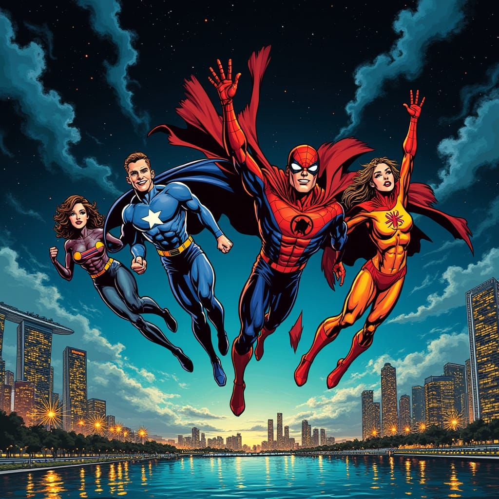 Superheroes Soaring Over Singapore: Comic Book Art