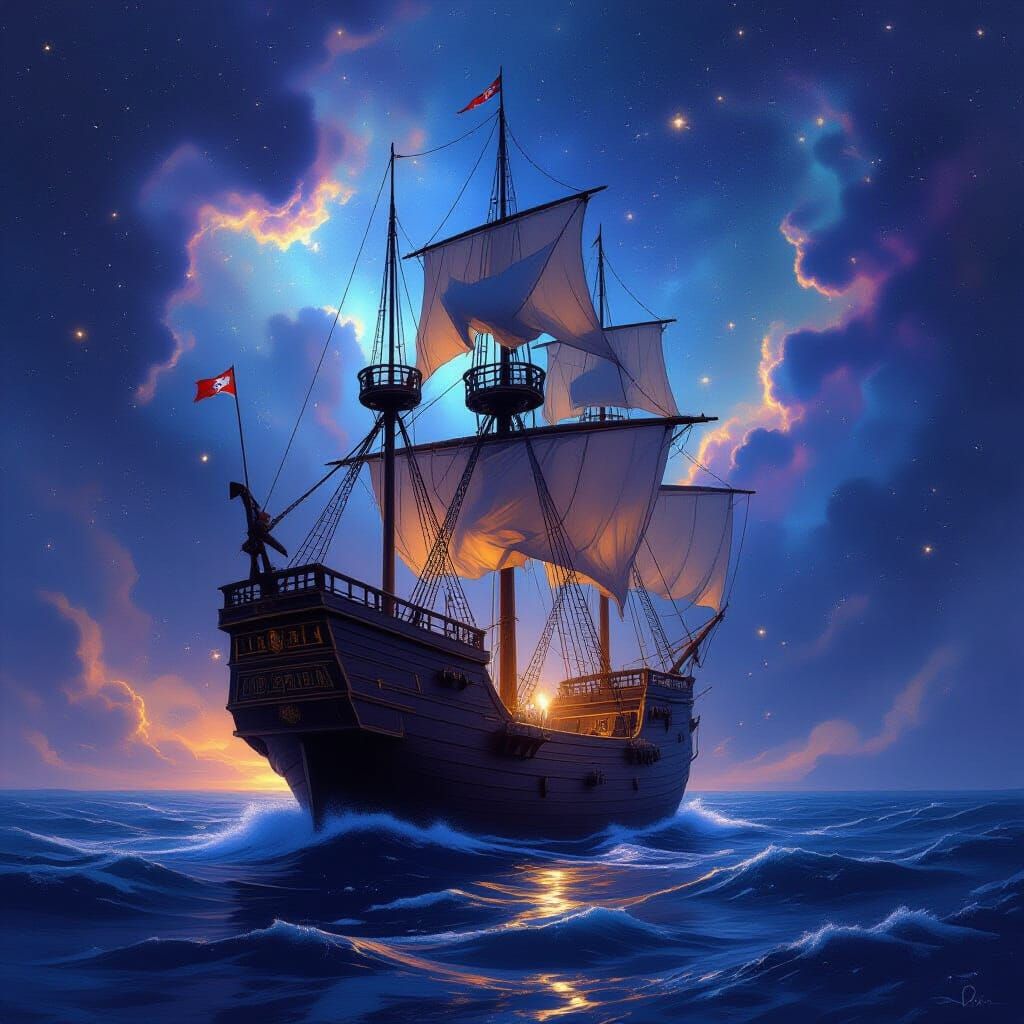 Starlight Galleon Navigates Cosmic Nebula in Ethereal Glow