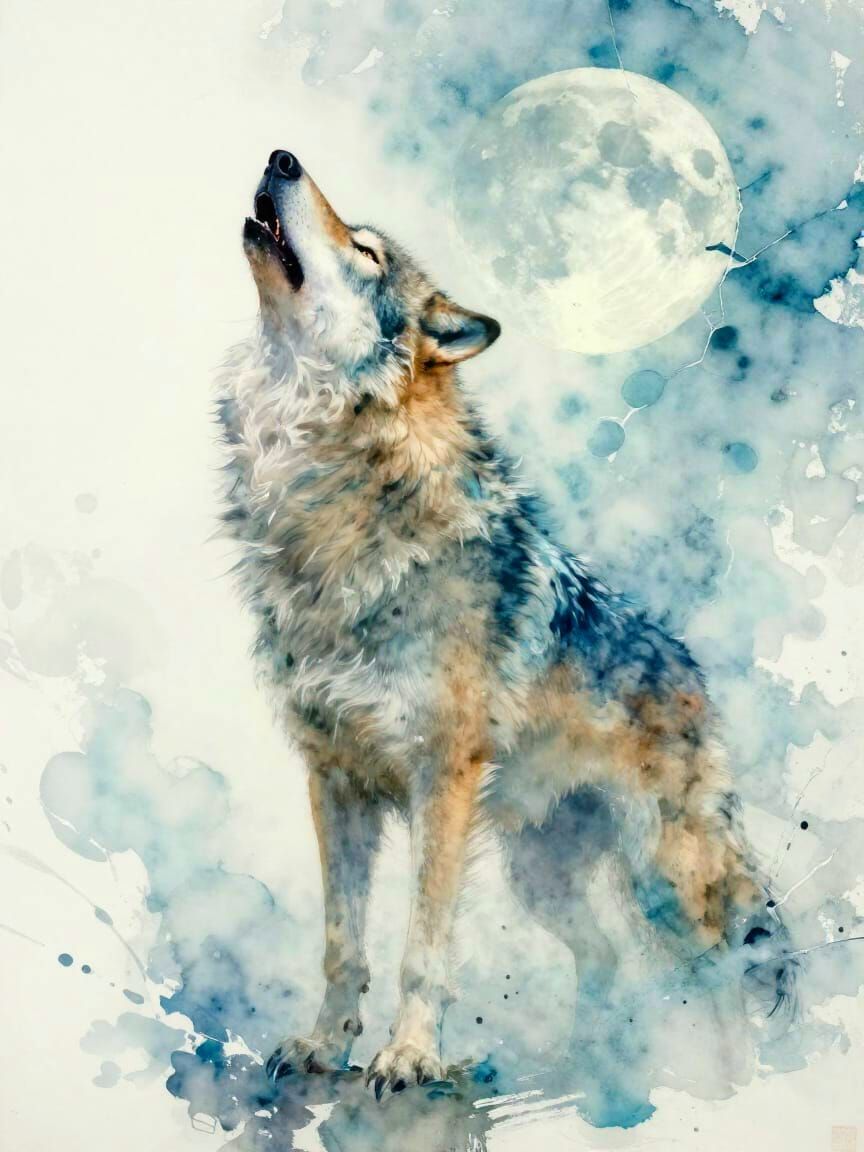 Spirit Wolf Howling at Fractured Moon in Icy Teal
