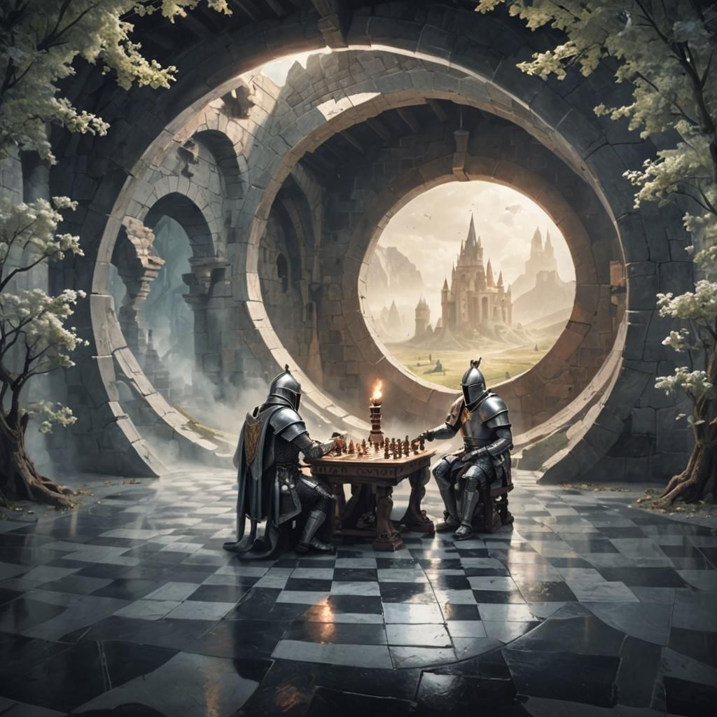 Knights Playing Chess in Fantasy Realm