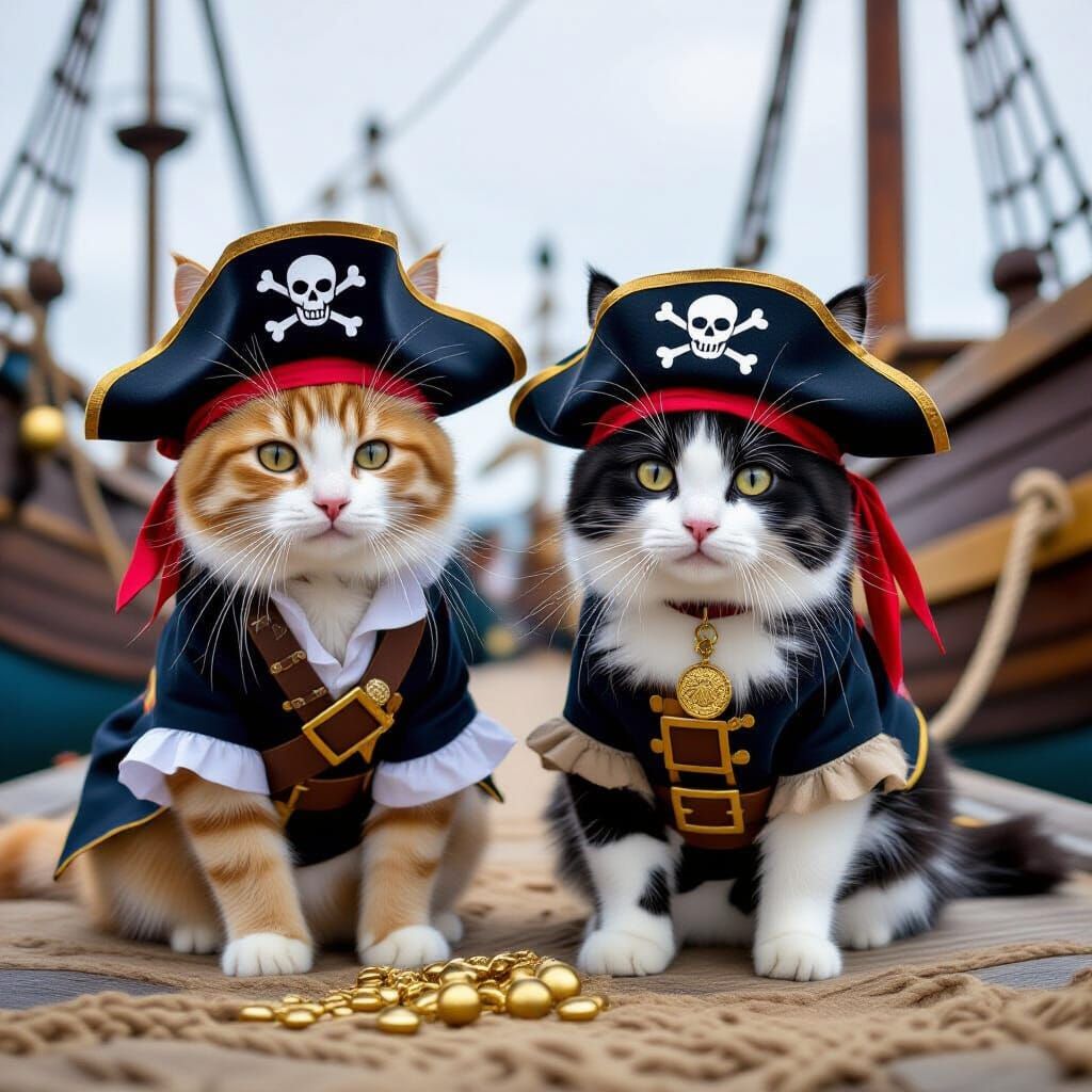 Cats Dressed as Pirates on a Treasure Ship