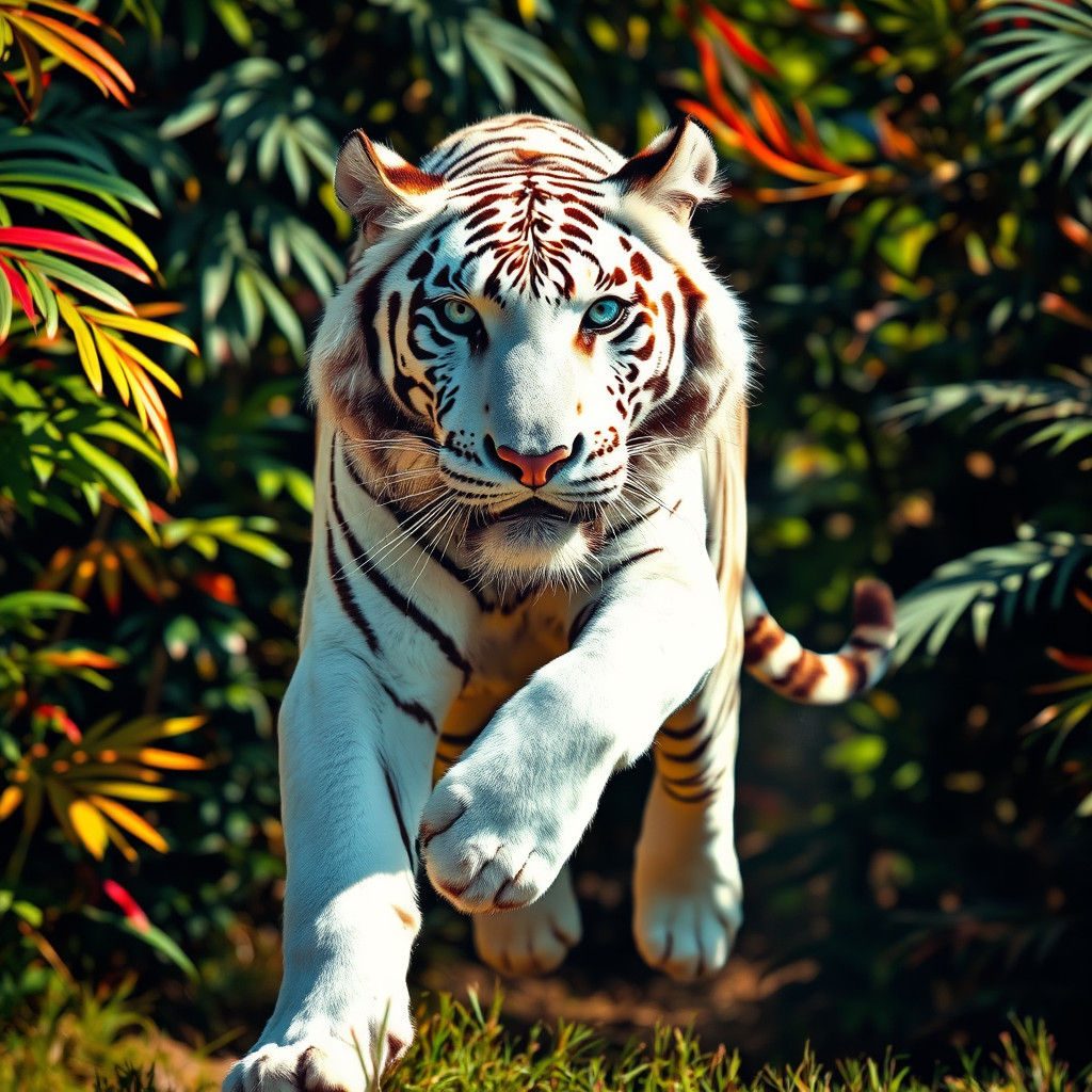 White Tiger Running Through Jungle in Sunlight