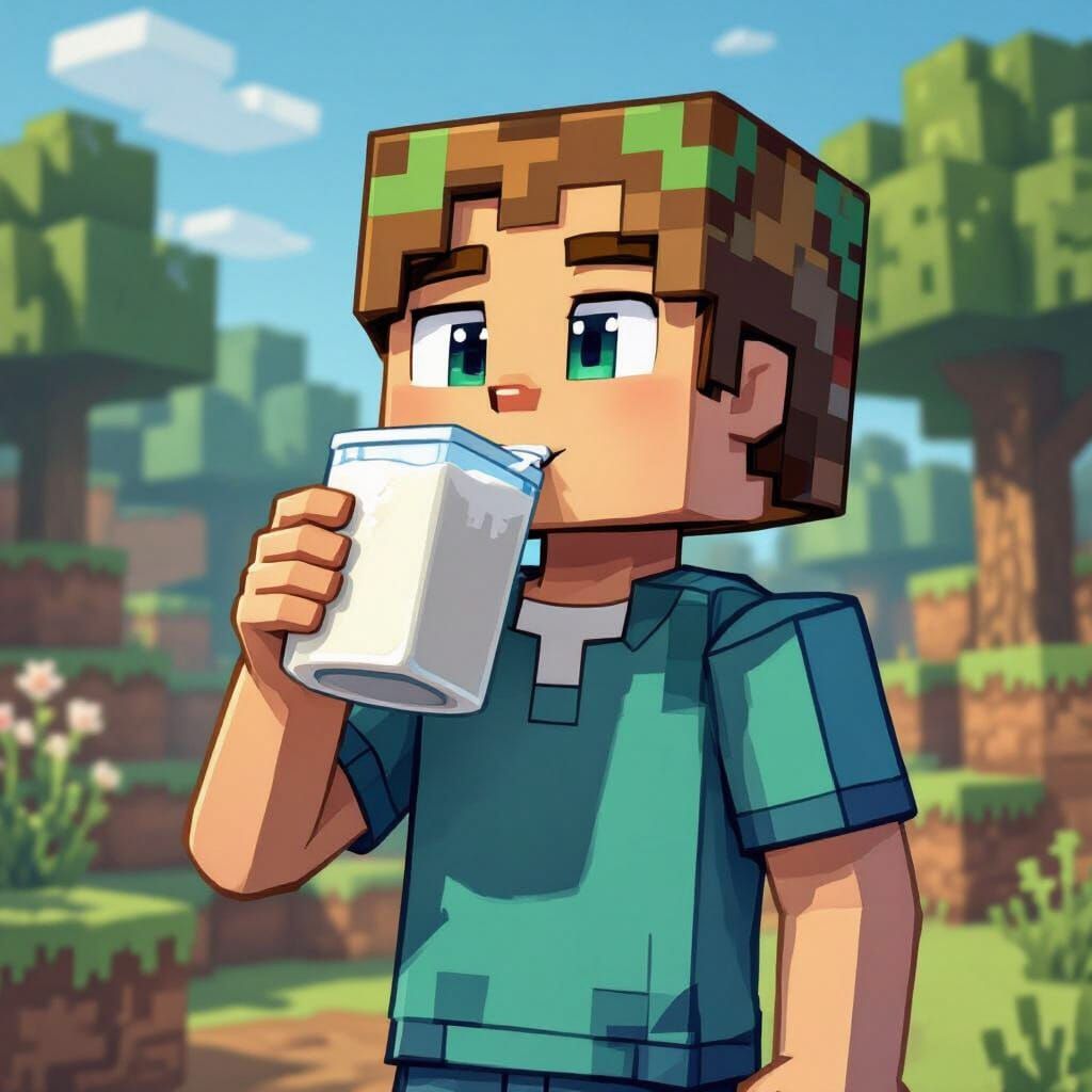 Boy with Minecraft Block Head Drinks Milk