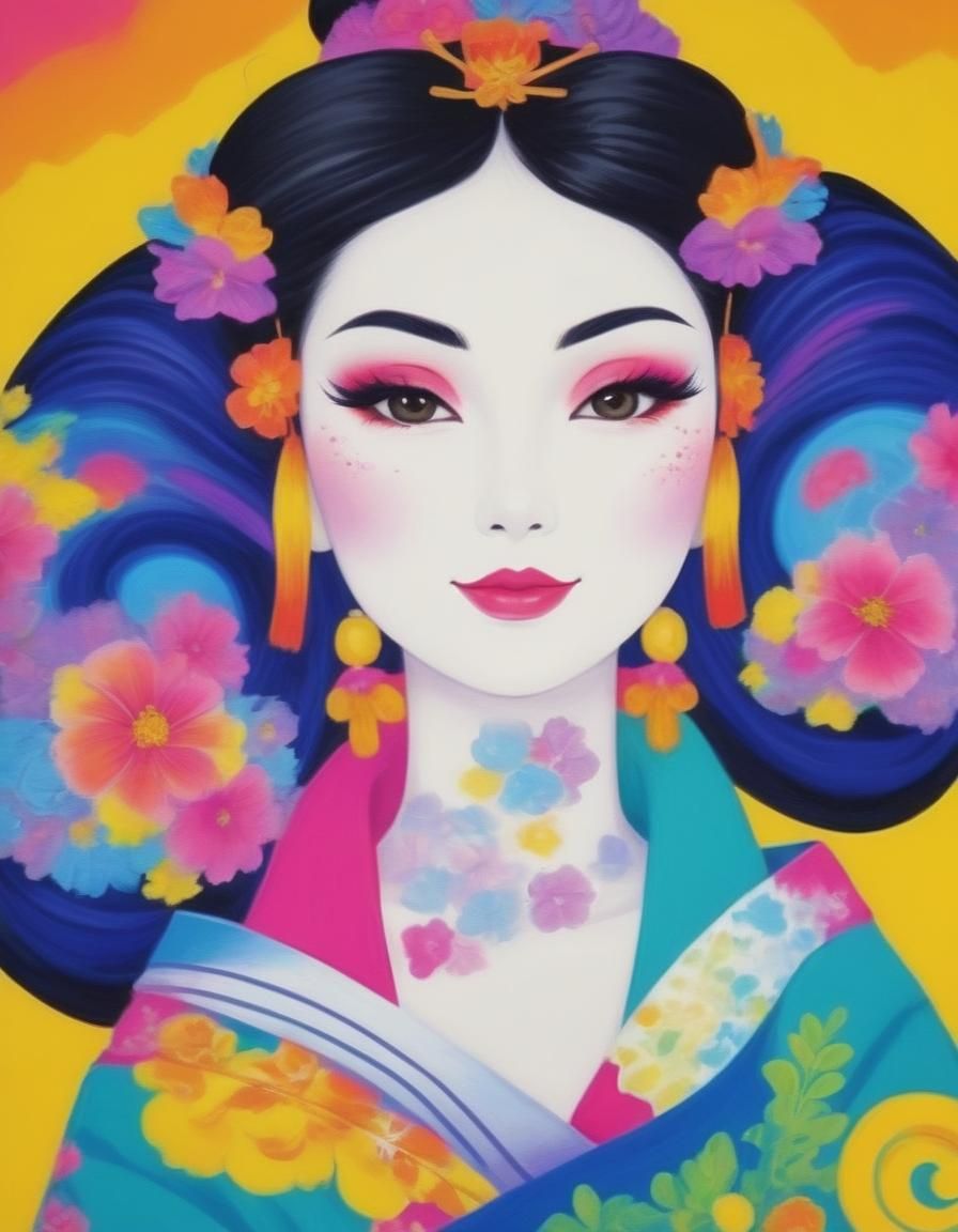 Smiling Geisha in Lisa Frank Style
