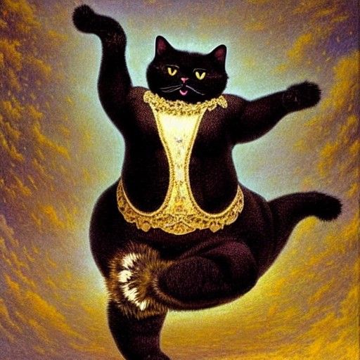 Dancing Chubby Black Cat, Detailed Digital Illustration