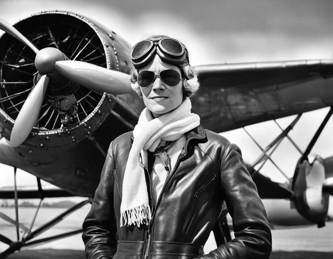 Amelia Earhart Portrait in High Contrast Monochrome