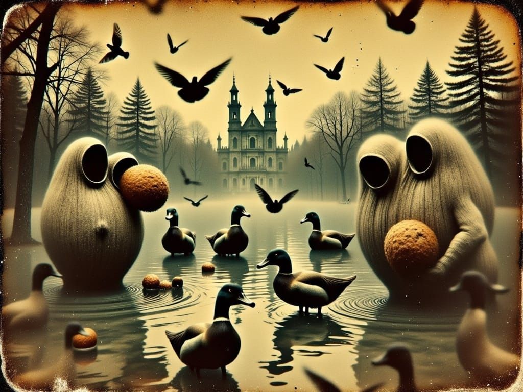 Surreal Figures Feed Ducks in Muted Afternoon Light