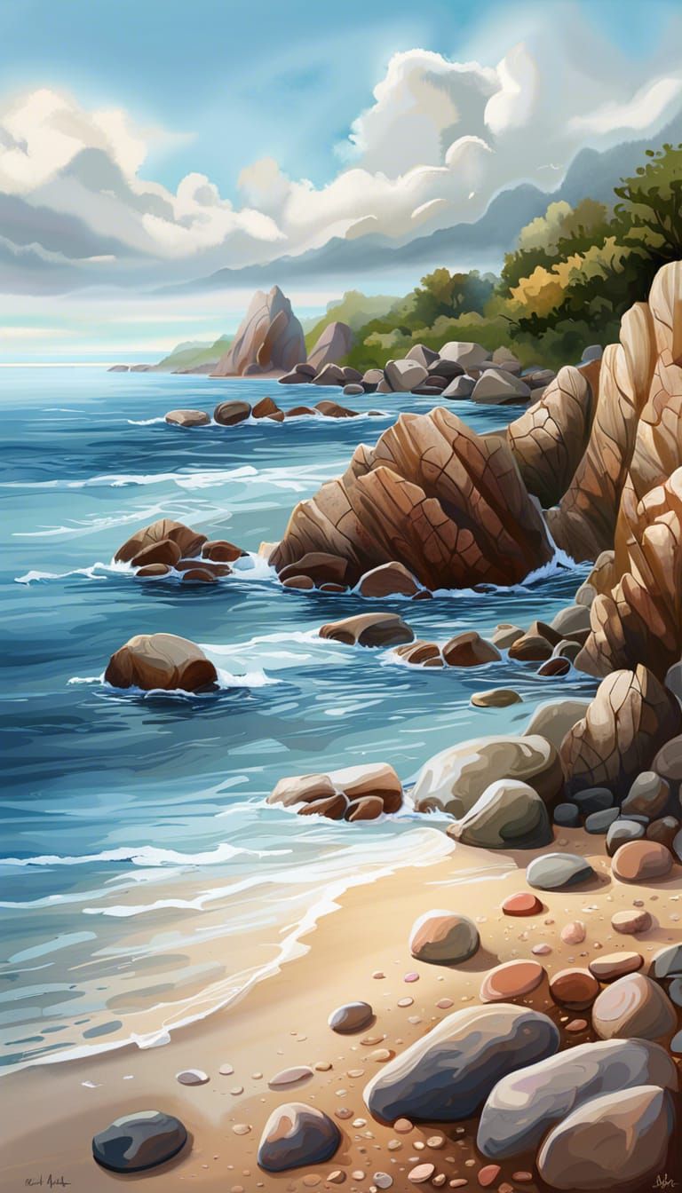 Serene Rocky Beach Coastal Digital Painting