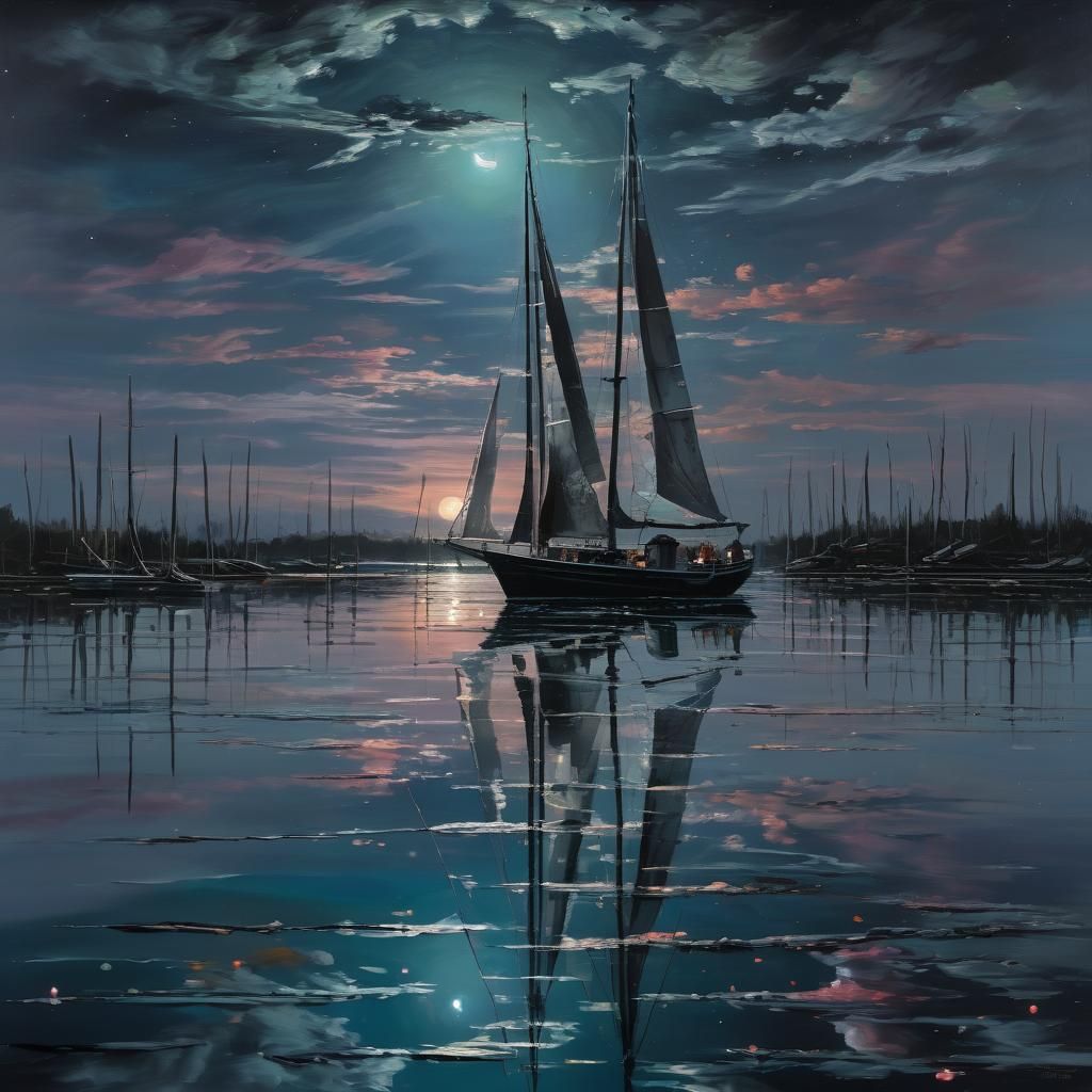 Neon Moonlit Sailboat: Impressionist Fantasy Art