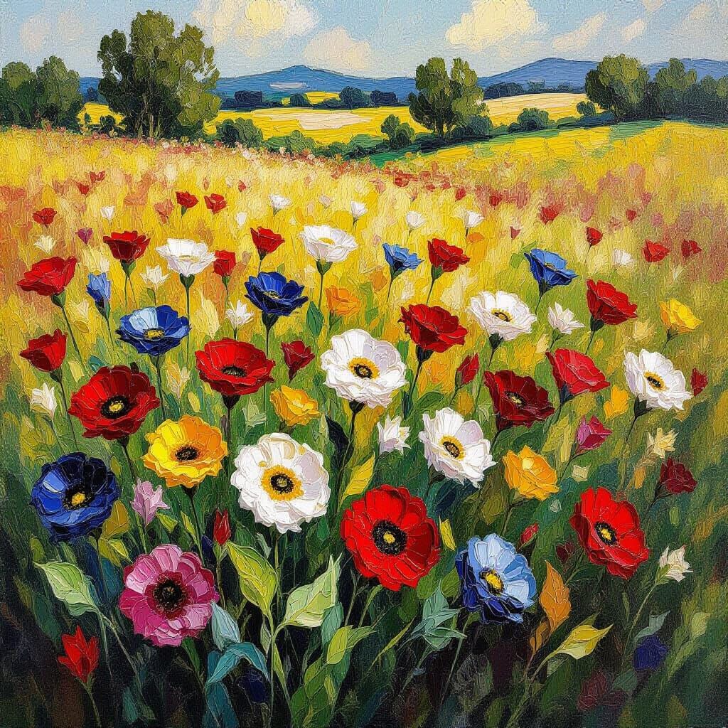 Vibrant Wildflower Field with Sculptural Blooms in Impasto S...
