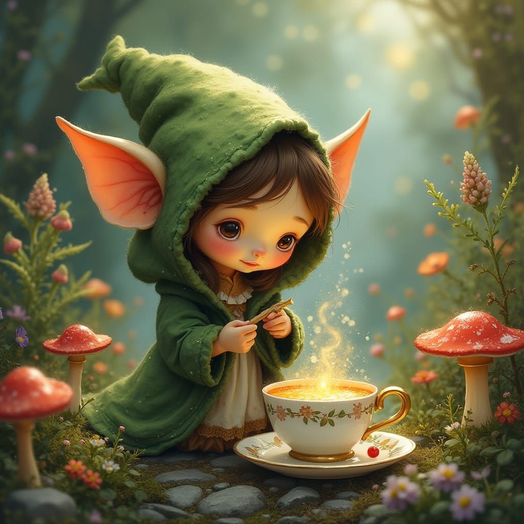 Whimsical Forest Spirit Stirs Enchanted Potion in Teacup