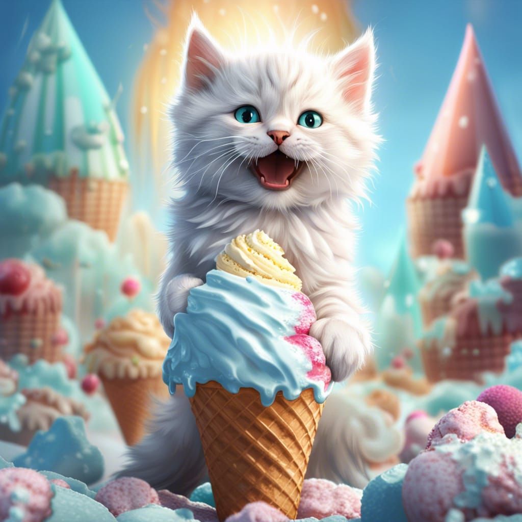 Fluffy Kitten Emerges from Ice Cream Cone