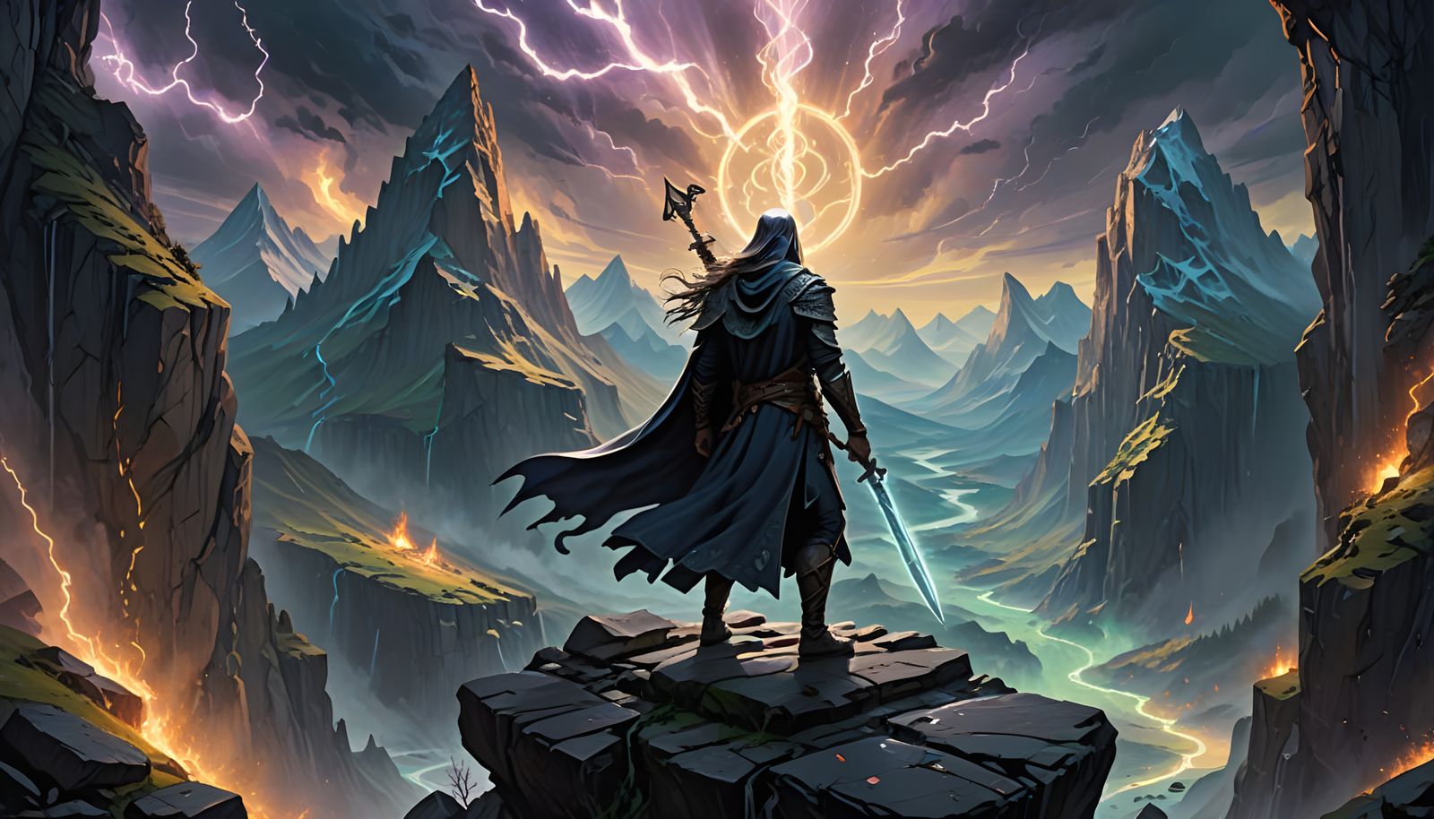 Nordic Storm Warrior in Majestic Fantasy Landscape