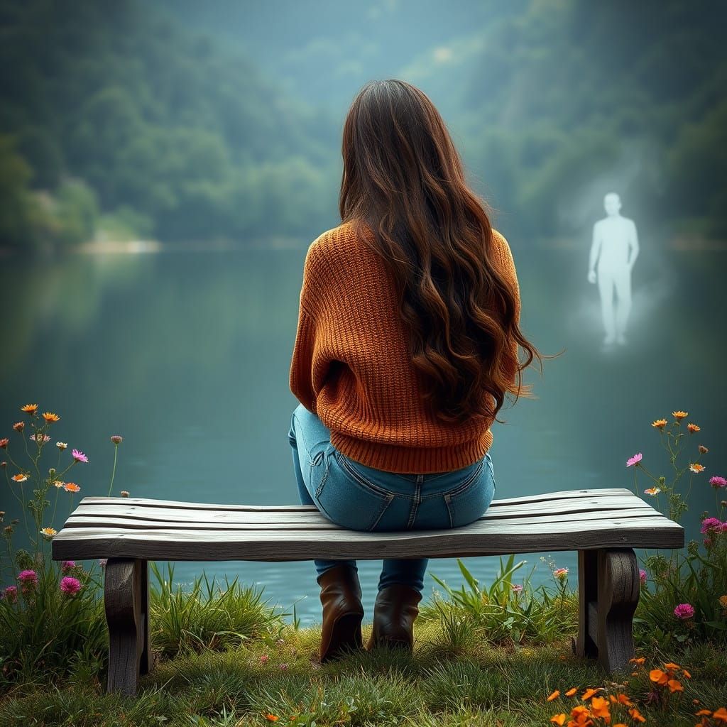 Woman in Earthy Sweater and Jeans Sits Serenely by Tranquil...
