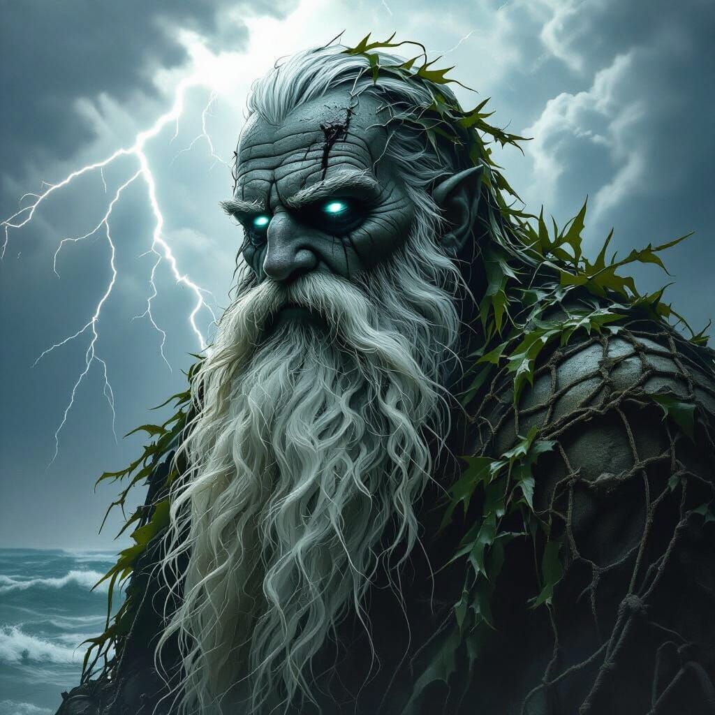 Barnacled Stone Dwarf God in Stormy Seas