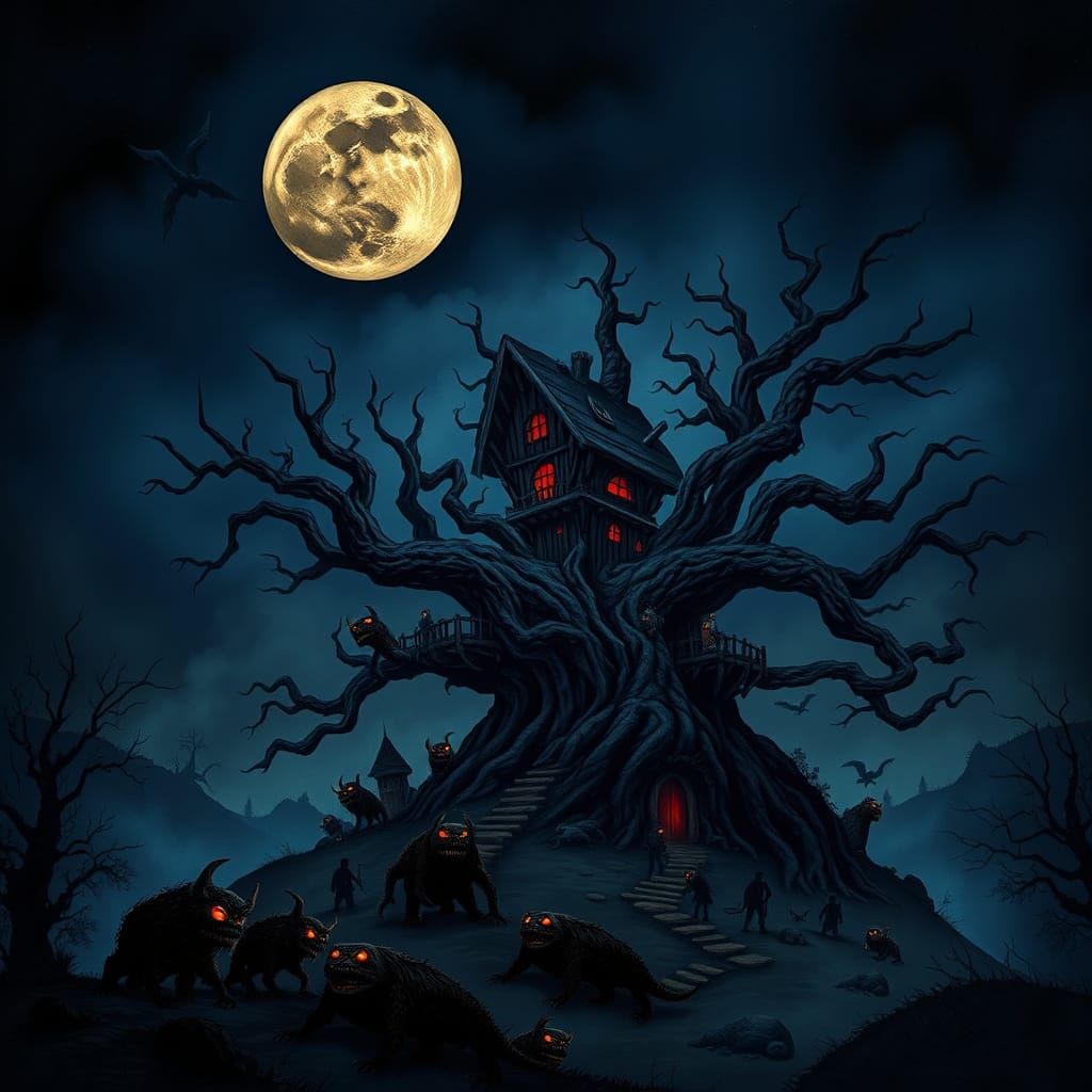 Gothic Treehouse of Twisted Terror in a Dark, Misty Landscap...