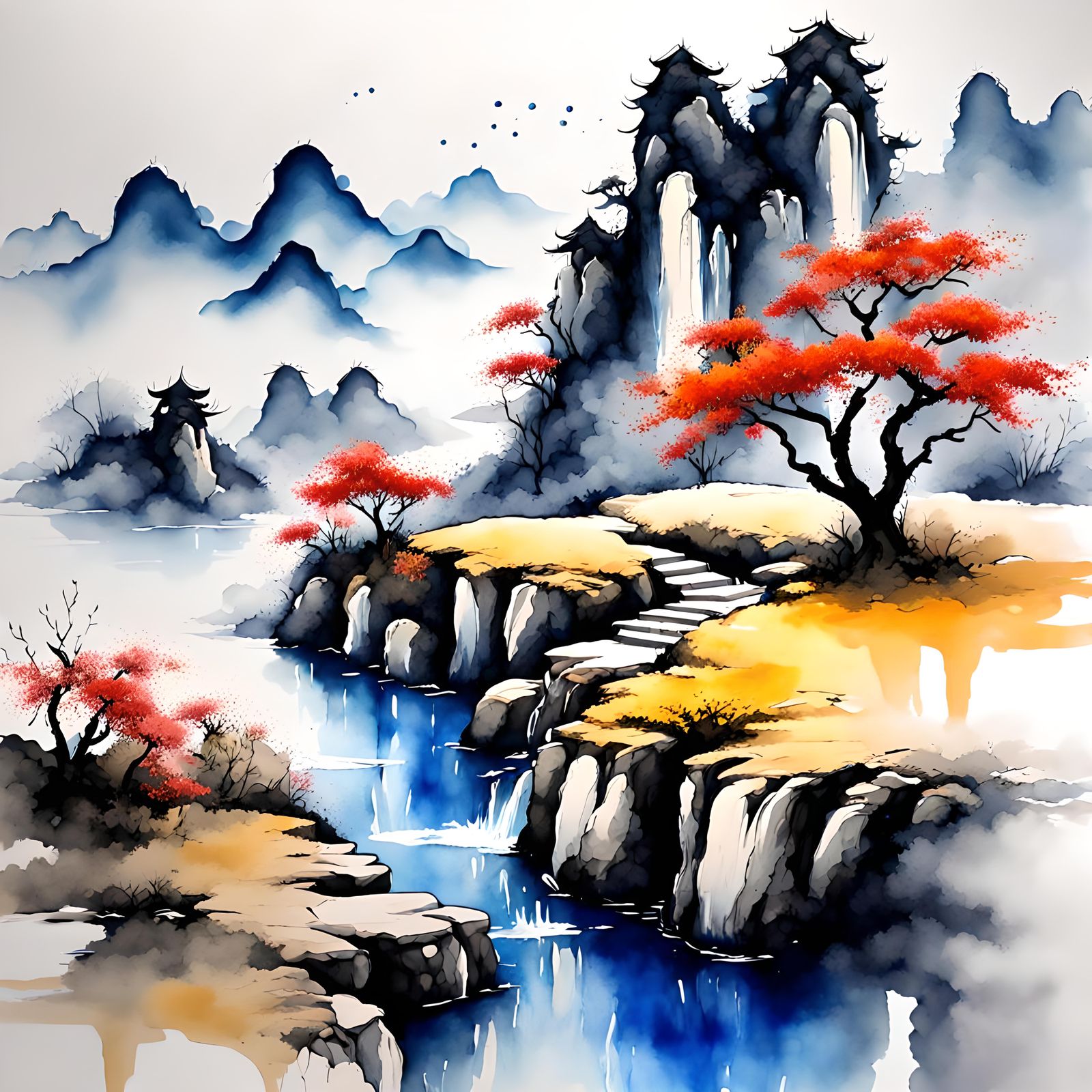 ABSTRACT EXPRESSIONISM WATER INK SPLASH ART (fantasy landsca...