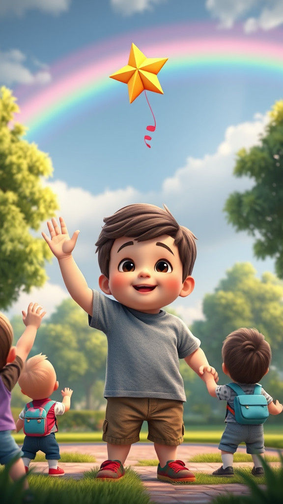 Cheerful Toddler Waving in Park: Pixar Cartoon Style