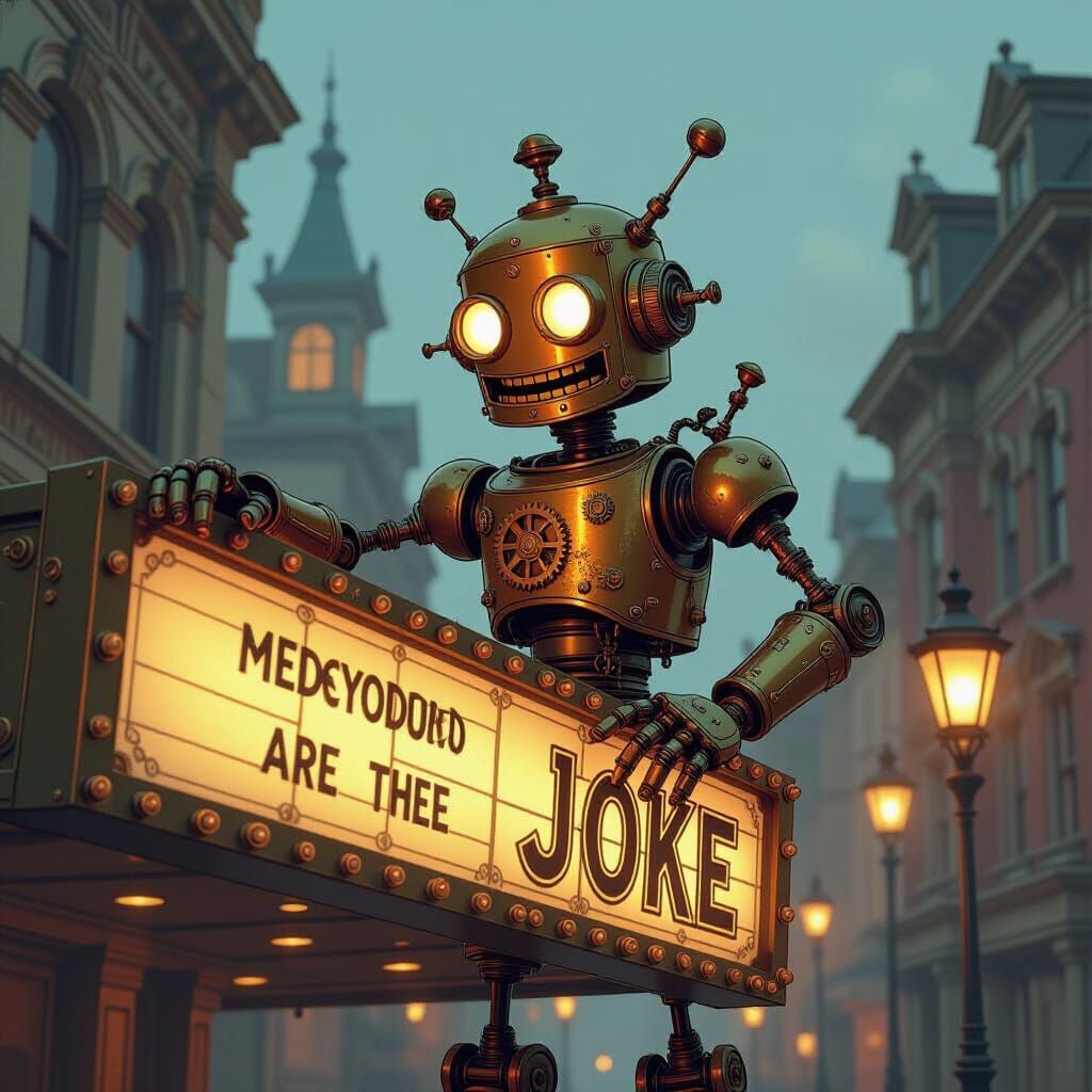 Steampunk Robot's Marquee Prank in Victorian Setting