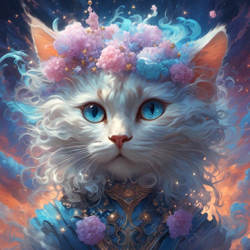 Hyperreal Cat Portrait Made of Stars and Clouds