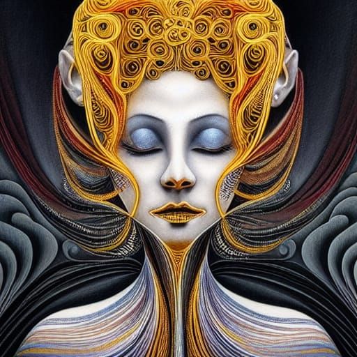 Woman with Gold Braids in Rococo Quilling Style