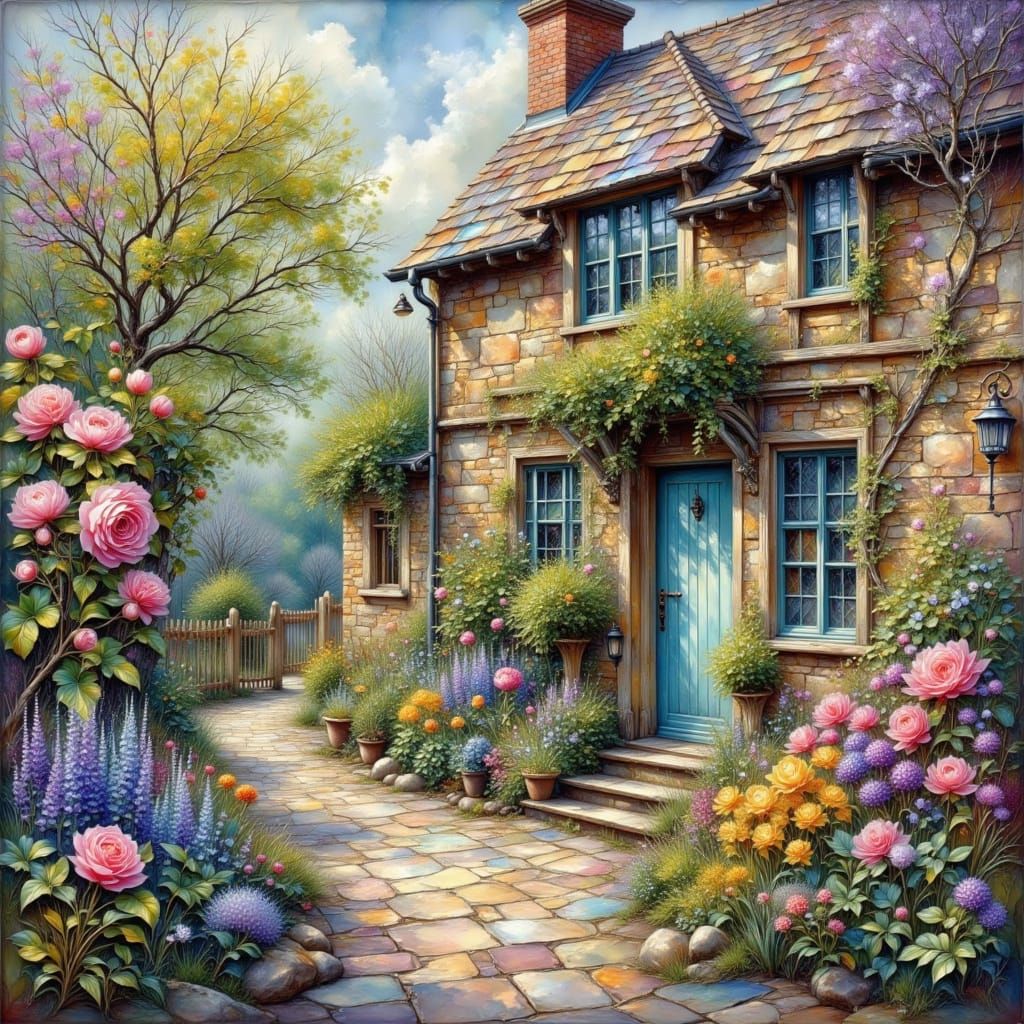 English Cottage Garden with Floral Metal Panels