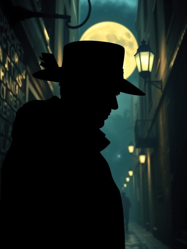 Eldritch Full Moonlit Alleyway Silhouette in Steampunk Style