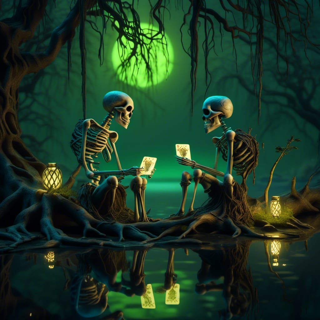 Two skeletons playing cards