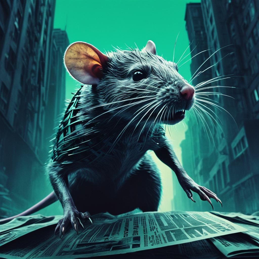Cybernetic Rat in Dystopian Cityscape: Surrealist Photo
